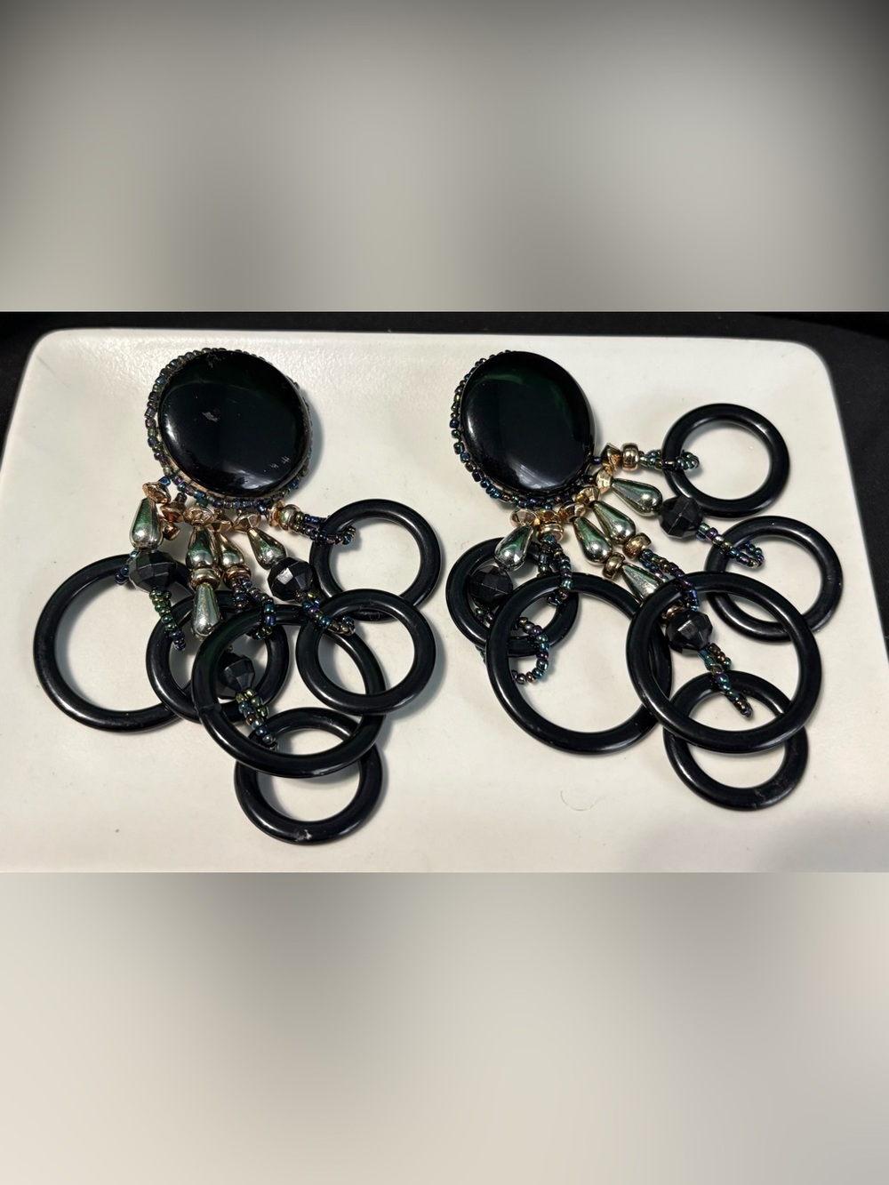 Vintage Black Button Earrings with Multi-Ring Drops and Iridescent Beads